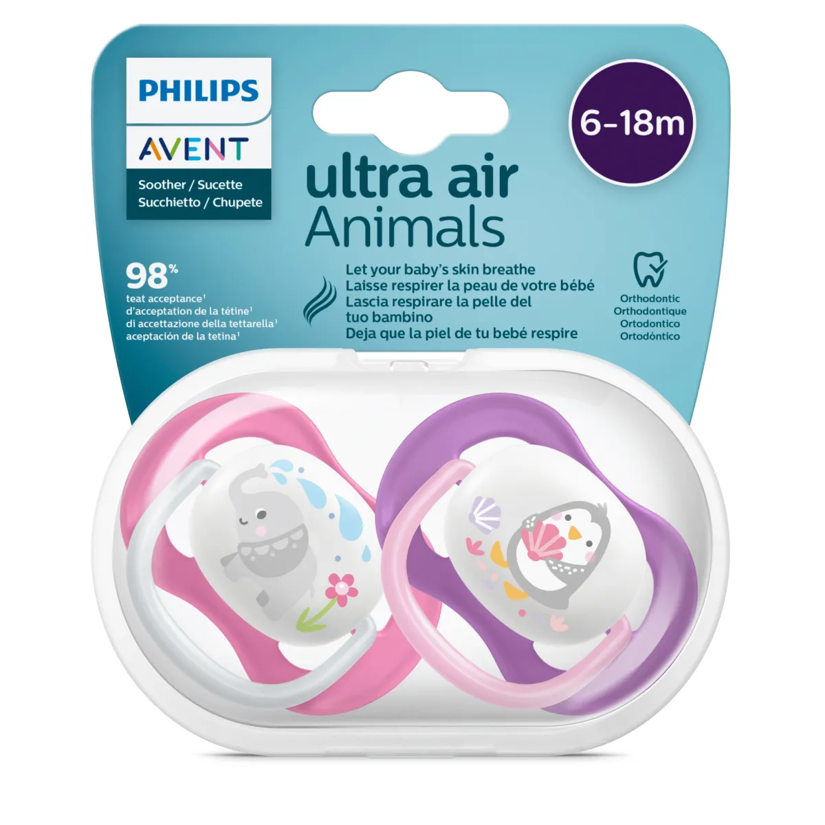 Avent 2 ciucci ultra air collection 6-18 mesi con tettarella simmetrica ortodontica- animaletti – philips