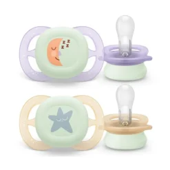 Avent Succhietti ultra start 0-2m night pastello viola e arancione luna e stella, a base vegetale – set da 2 ciucci – philips